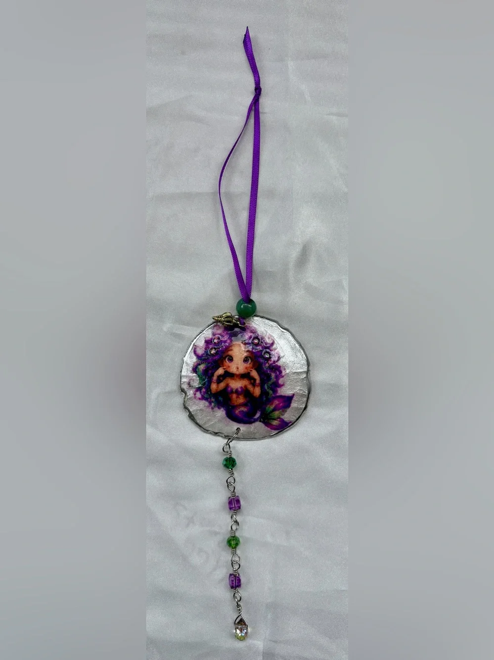 Purple & Green Decoupage Mermaid Sand Dollar Crystal Sun Catcher